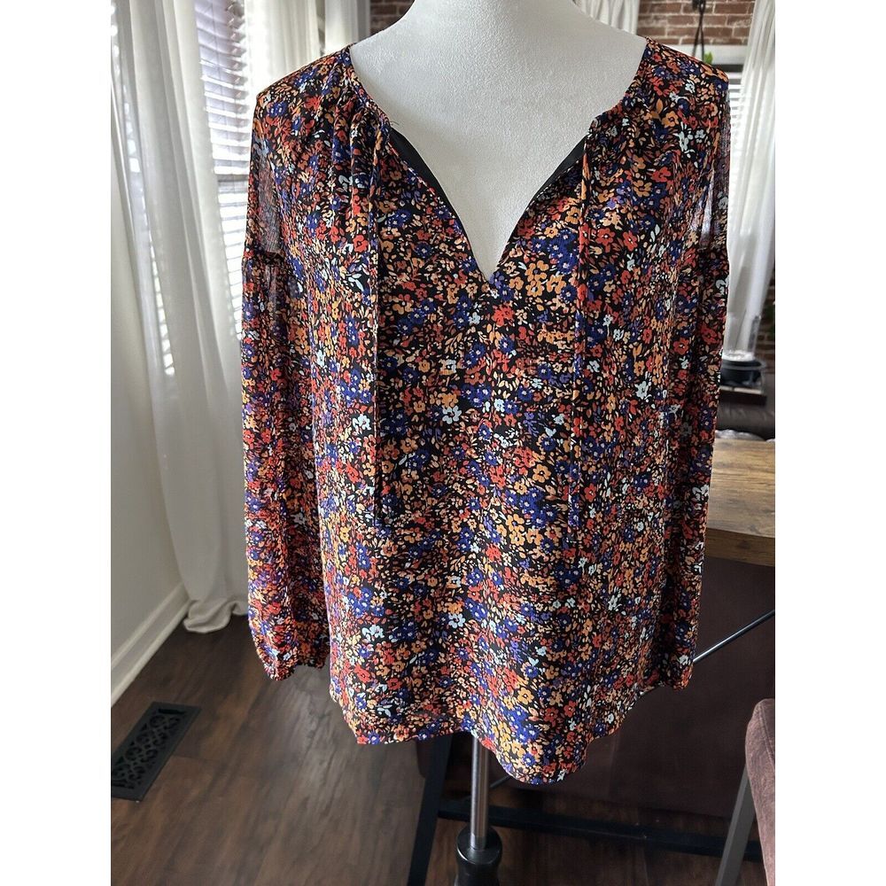 J Crew Women's XS Black Orange Blue Ditsy Floral Tie Front Blouse Top Peasant